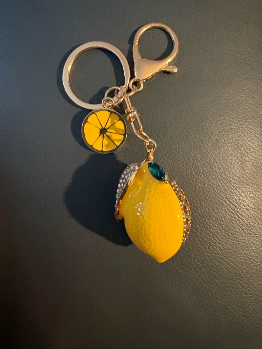 Yellow Lemon Charm Keychain with Green Crystal Leaf. NWOT